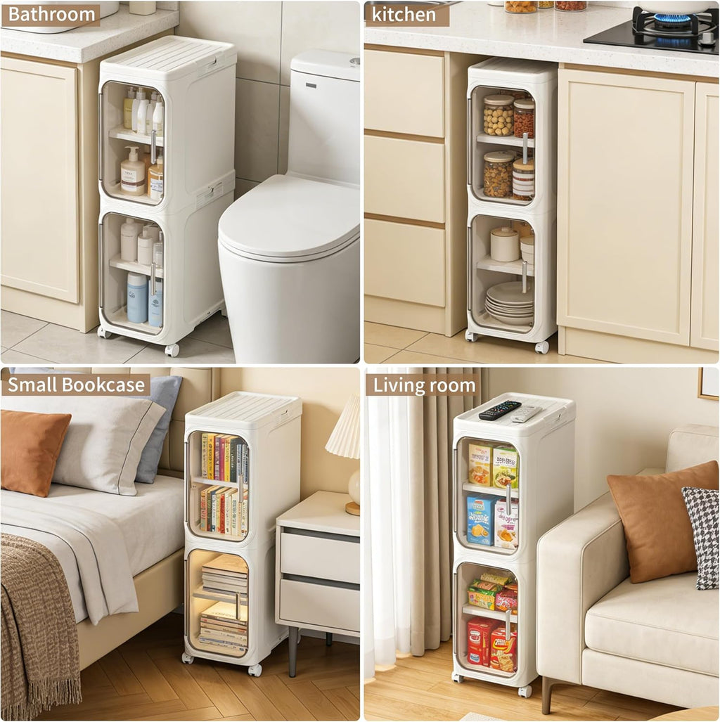 LXLXXL Narrow Storage Cabinet Slim Bathroom Storage Cabinet with Movable Wheels Tall Bathroom Organizer Skinny Cabinet for Small Spaces，2-Tier White