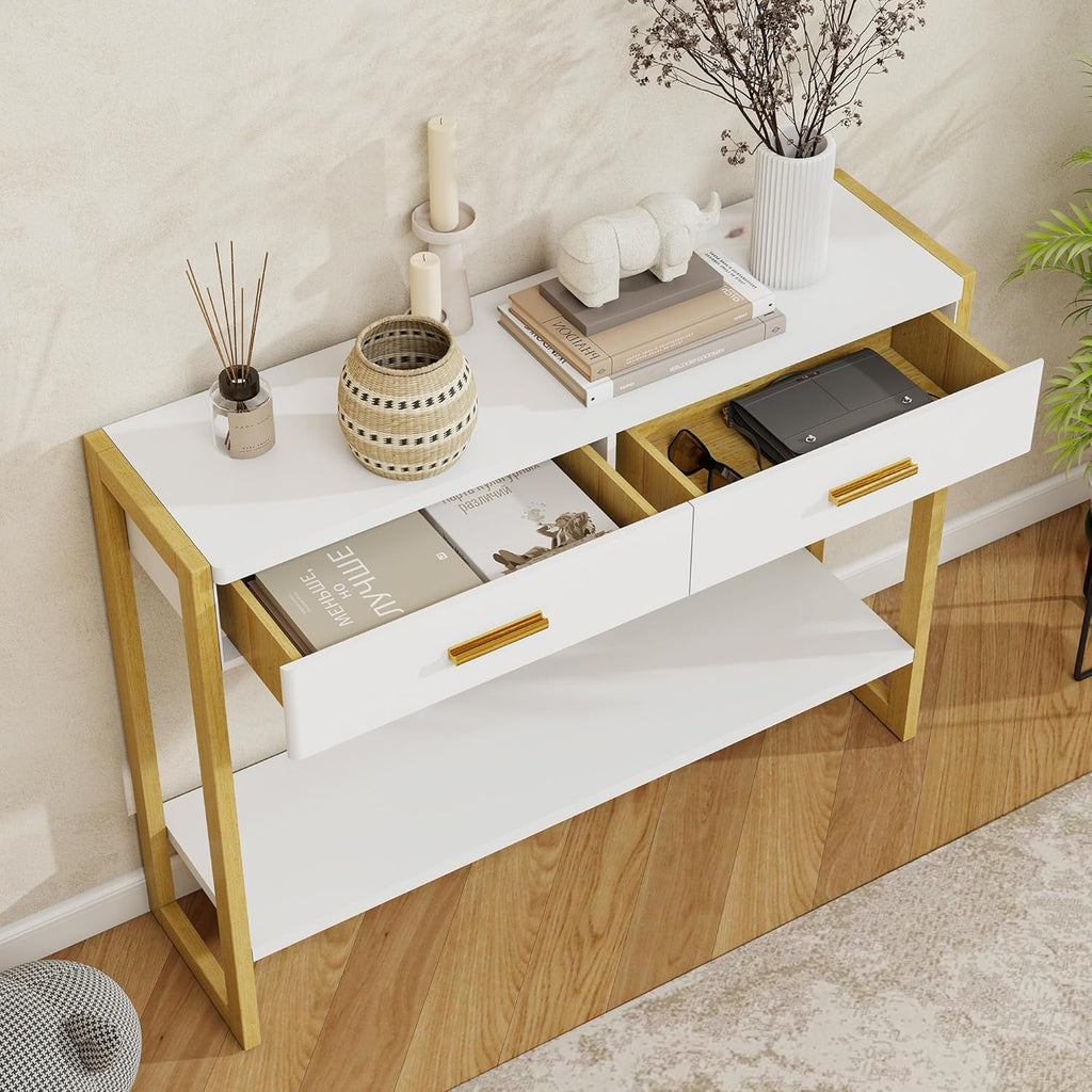 Entryway Table, Sofa Table with 2 Drawers and Storage Shelf, Console Table with Reinforced Legs for Living Room, Entrance, White