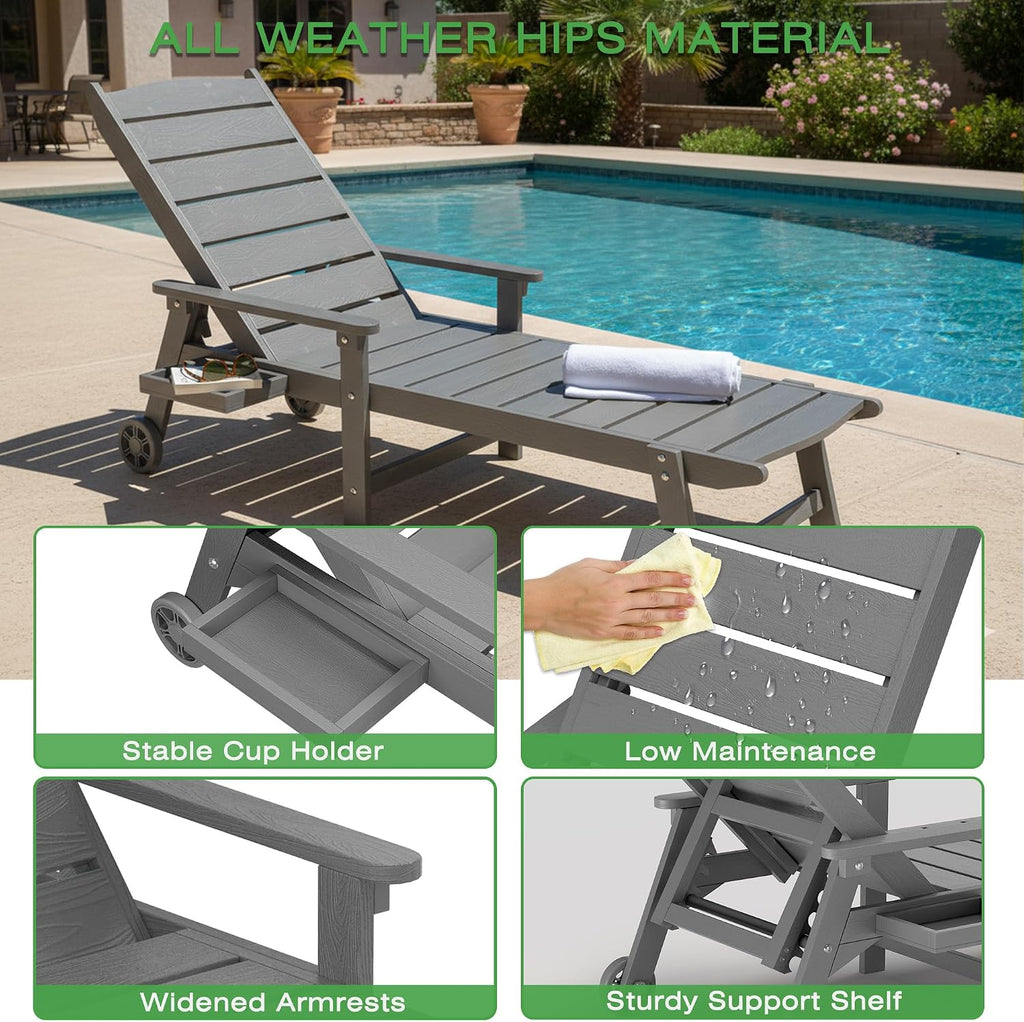 Outdoor Lounge Chairs Set of 2, 6.3ft Outside Chaise Pool Lounger with Wheels,5-Position Adjustable Backrest, 2 Flip-Down Side Cup Holders,HIPS All-Weather for Poolside,Patio,Backyard