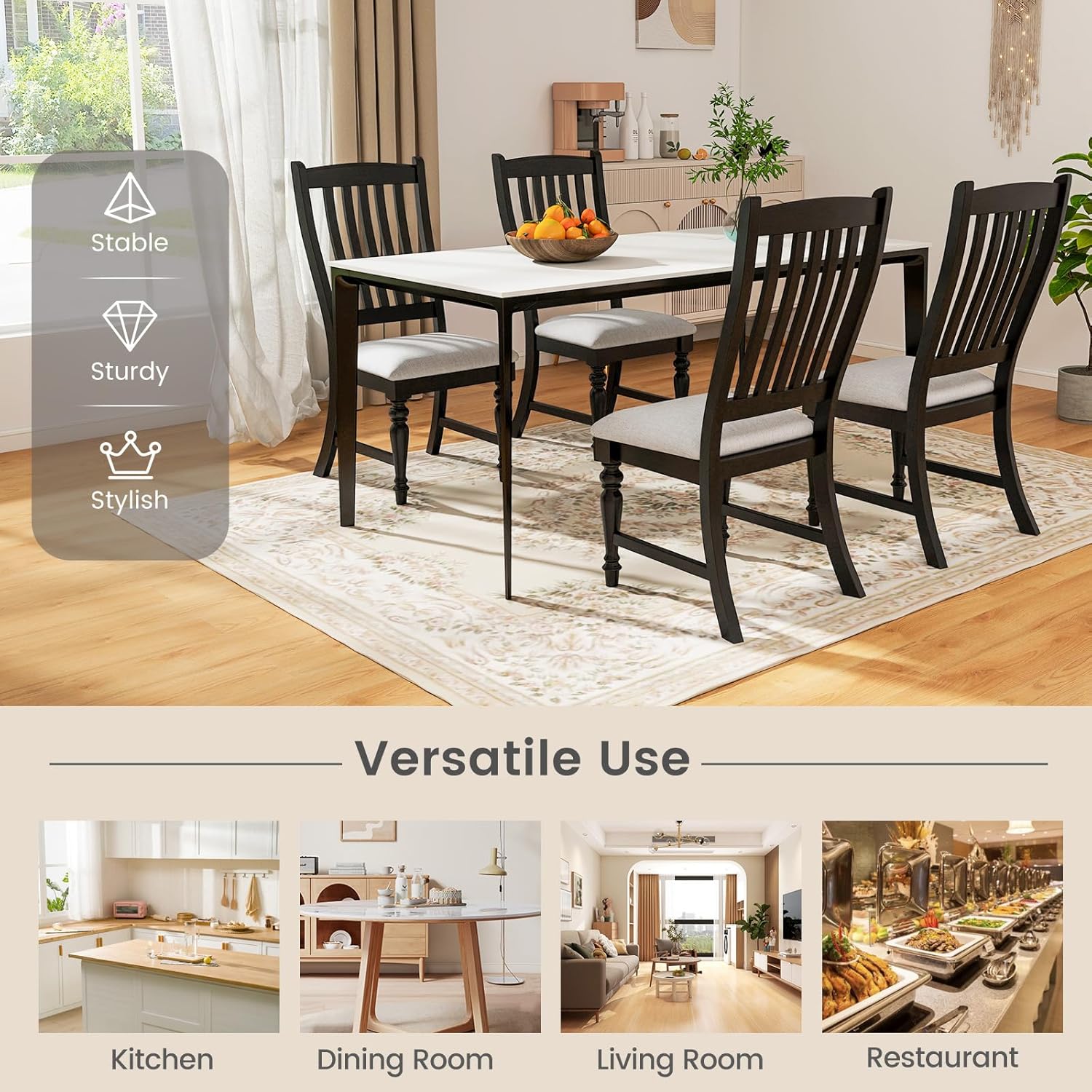 Giantex Wood Dining Chairs Set of 2, Farmhouse Black Kitchen Chair with Solid Wood Frame, Max Load 355 Lbs, Armless Upholstered Dining Side Chairs with Cushion Seat, Slat Back Dining Room Chairs