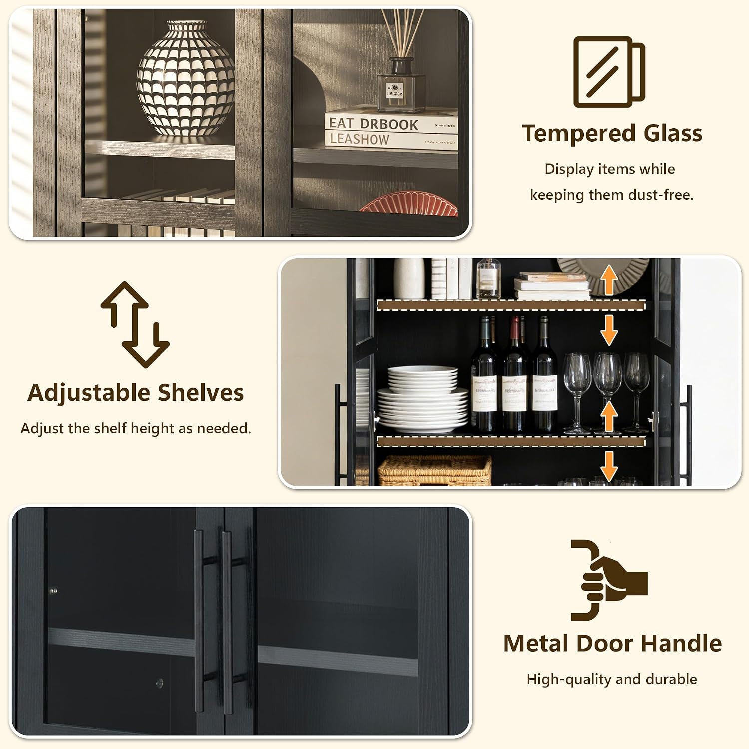 leovanni Arched Kitchen Pantry Cabinet with Tempered Glass Doors, 72" Tall Hutch Storage Cabinet with Adjustable Shelves, Glass Display Bookcase for Dining Room or Living Room, Black