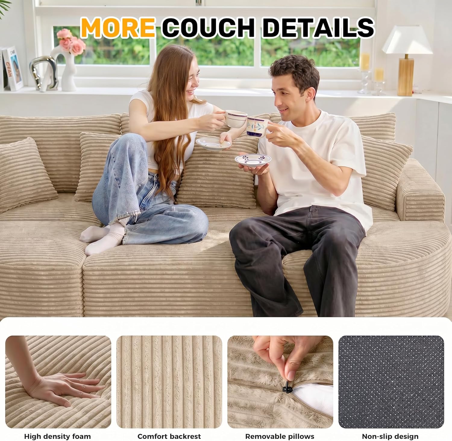 120" Oversized Round Sofa Bed, Modular Sectional Cloud Couches for Living Room, Convertible Corduroy Boneless Couch Sleeper Sofa Set, No Assembly Required, Khaki 1 PCS