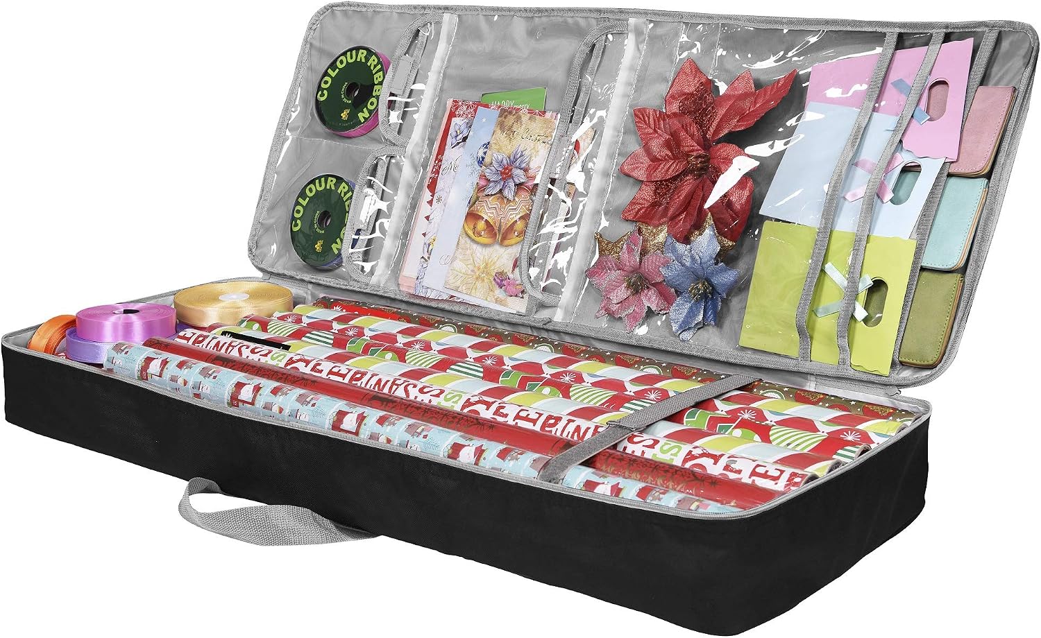 Christmas Gift Wrap Organizer | Wrapping Paper Storage Container Box (37” x 14” x 4”) Constructed of Durable 600D Oxford Material (Black)
