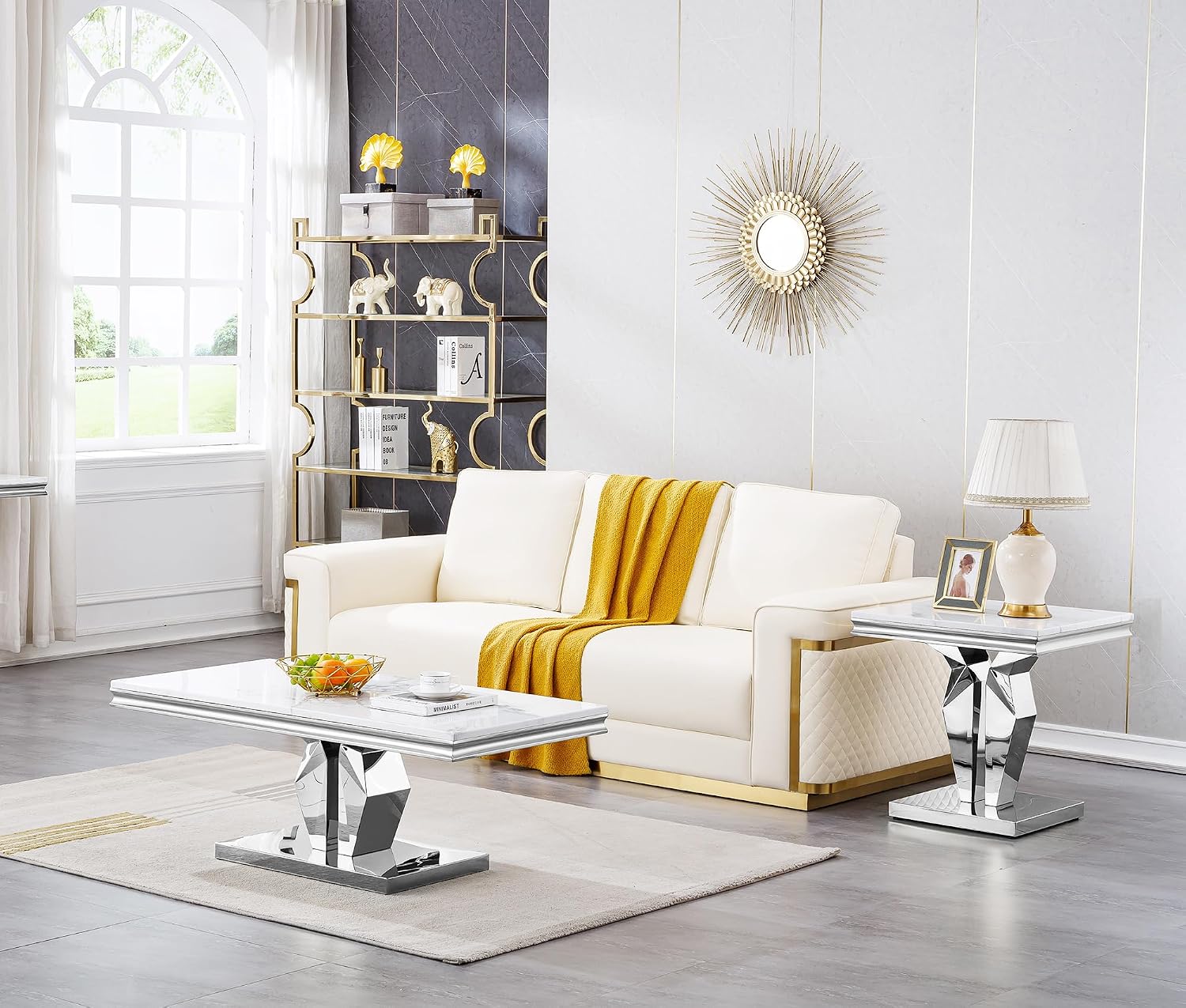 23in Faux Marble End Table w/Y Stainless Steel Base, Night Stand Square End Table for Living Room Modern White and Silver Sofa Side Table witn High Glossy White Square Accent Table Bedside Table