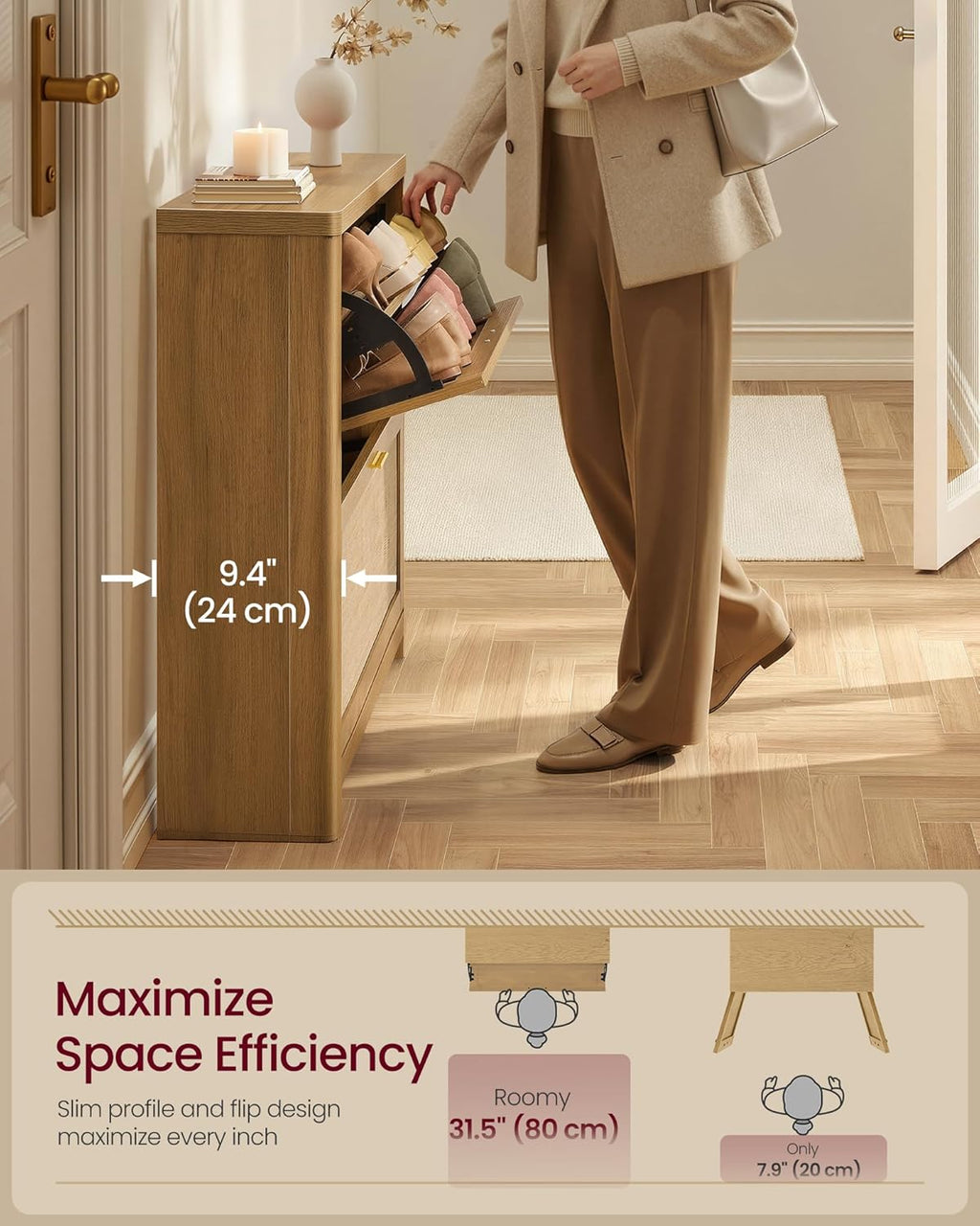 VASAGLE ELLAN Collection - Boho Shoe Storage Cabinet for Entryway Slim, Entry Shoe Cabinet with Rattan-Look Flip Drawers, Rounded Corners, Narrow for Entrance, Natural Brown UHSC601KC01