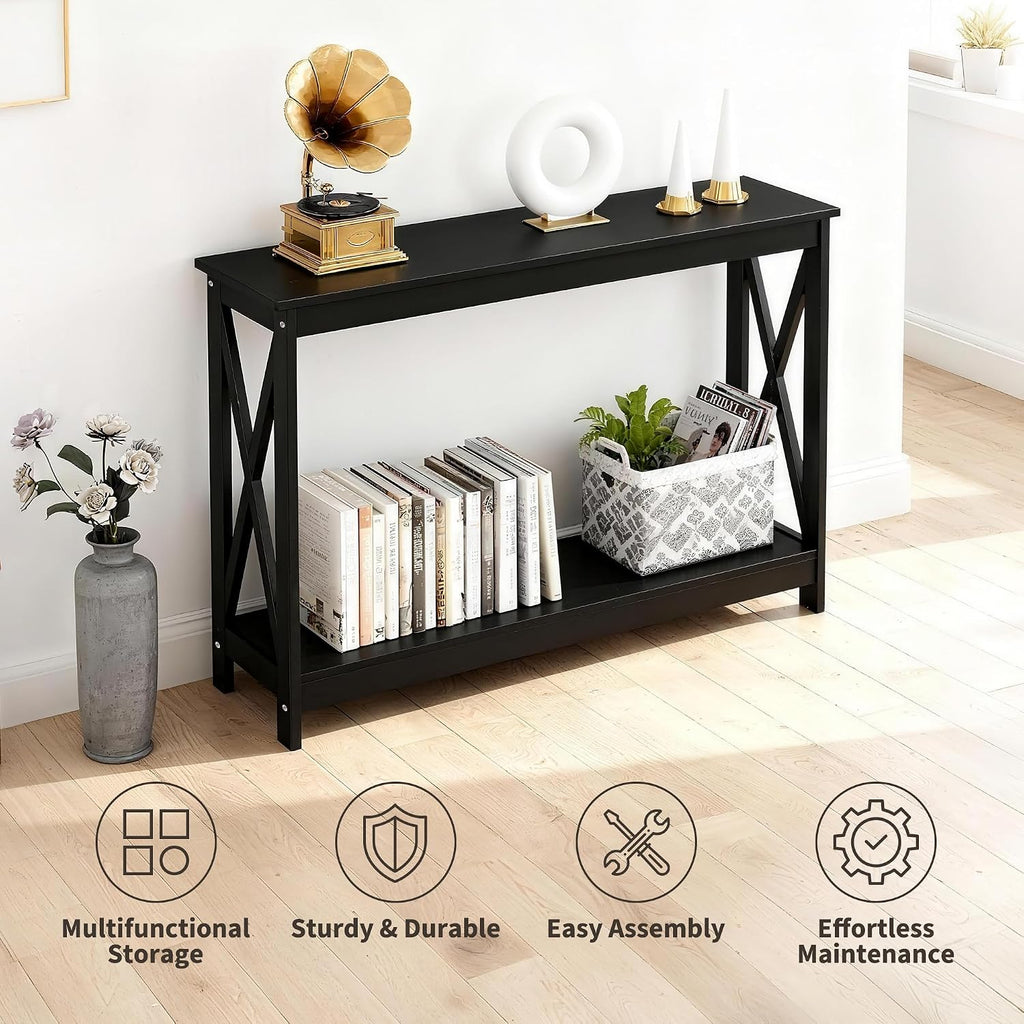 ZenStyle Sofa Side Console Table with 2 Storage Shelves Narrow Accent Table for Entryway/Hallway/Living Room, 46.9in L x 11.8in W x 31.7in H, Black