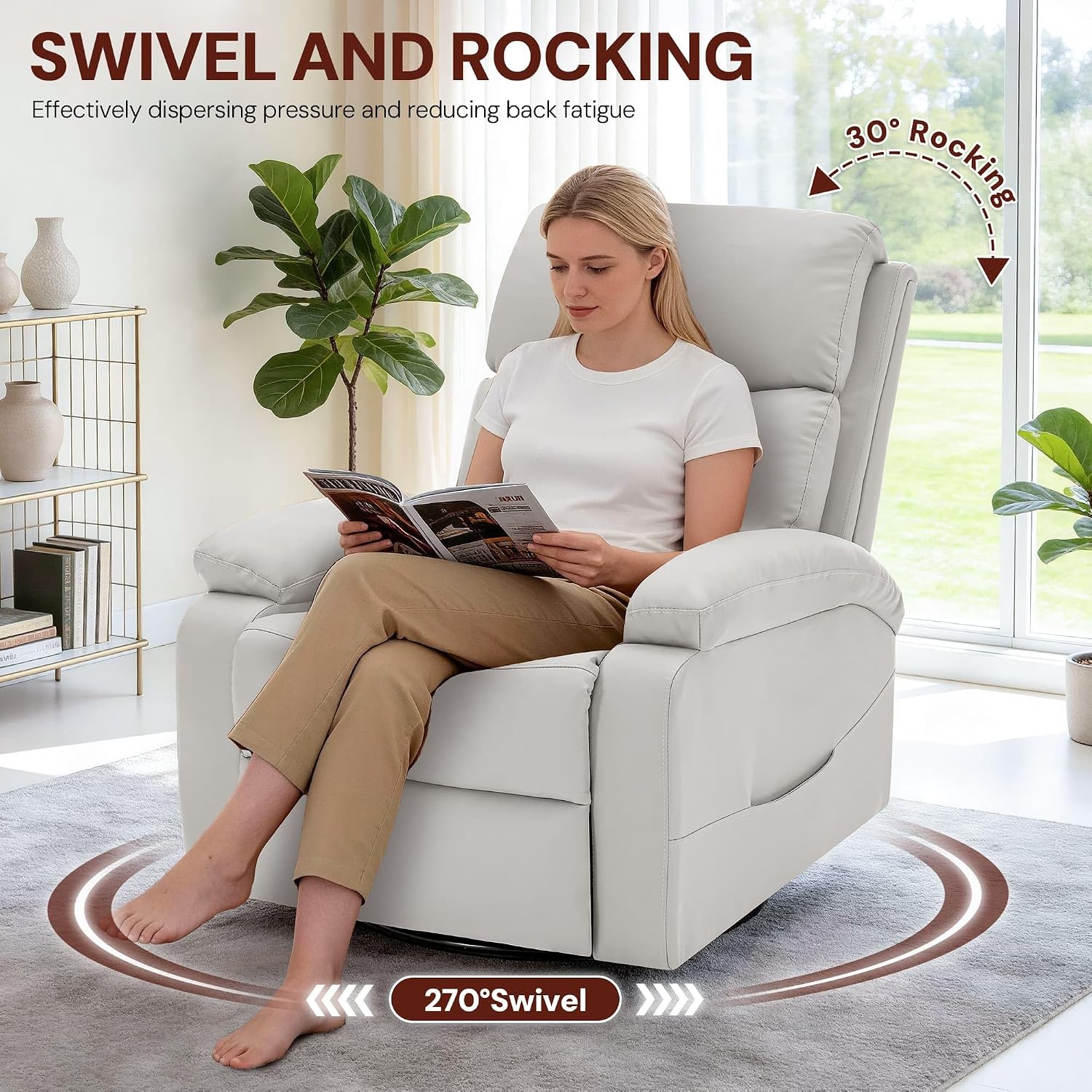 Korser Power Swivel Rocker Recliner Chair. Electric Glider Rocking Chair Nursery with Massage & Heat. PU Leather Nursery Rocking Chairs with USB & Type-C Ports for Living Room, Bedroom, Nursery, White