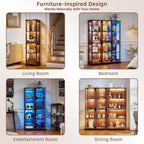 LELELINKY Farmhouse Narrow Glass Display Cabinet with Doors | Wooden Curio Cabinets with 3 Color Motion-Sensor Light & Lock, Walnut