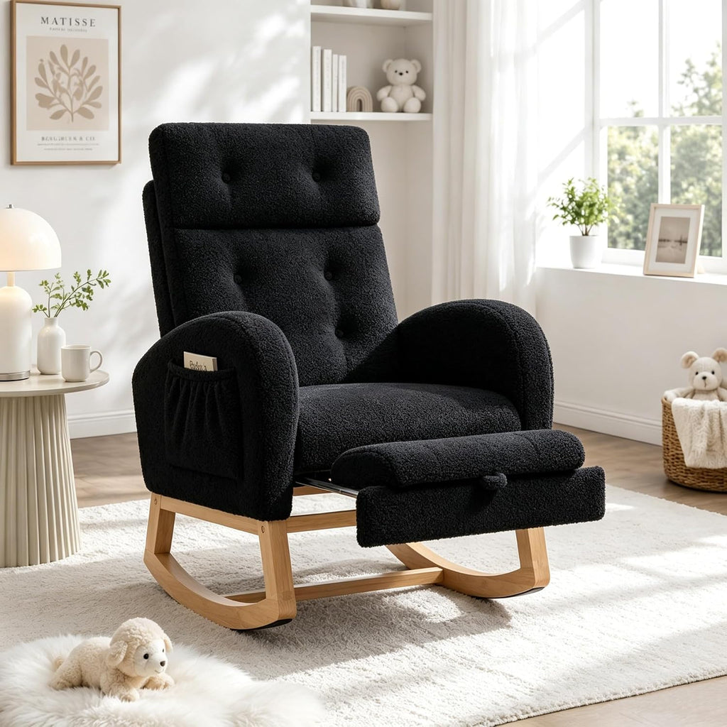 MINCETA Nursery Rocking Chair with Retractable Footrest, Teddy Fabric Upholstered Glider Rocker with High Backrest, Modern Accent Chair with Solid Wood Legs for Baby Room Living Room, Black