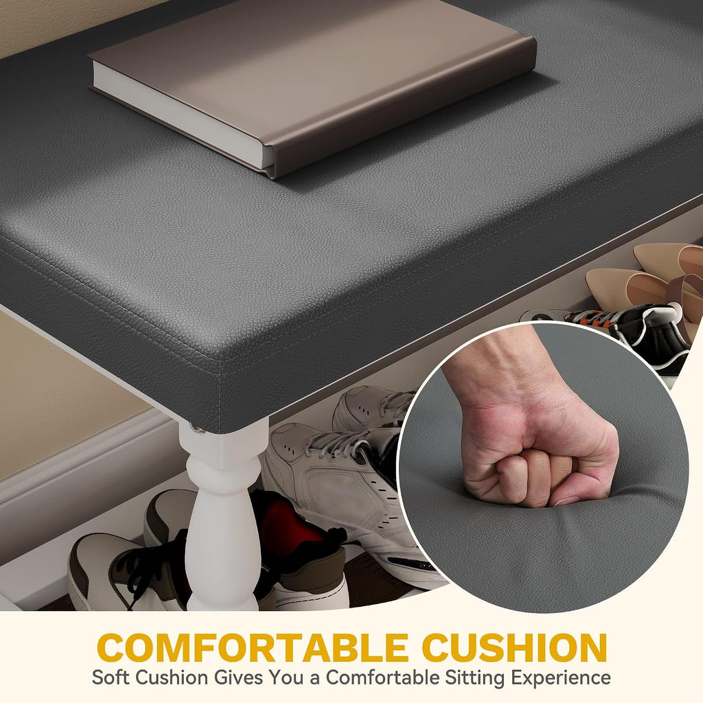 YITAHOME 48 Inch Entryway Bench, Storage Bench with Metal Shelf & Cushioned Seat, Indoor Shoe Rack Bench Seat for Dressing Room, Bedroom, Hallway, Entrance, Grey & White