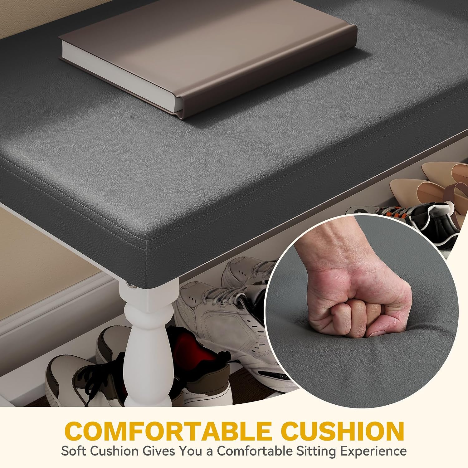 YITAHOME 48 Inch Entryway Bench, Storage Bench with Metal Shelf & Cushioned Seat, Indoor Shoe Rack Bench Seat for Dressing Room, Bedroom, Hallway, Entrance, Grey & White