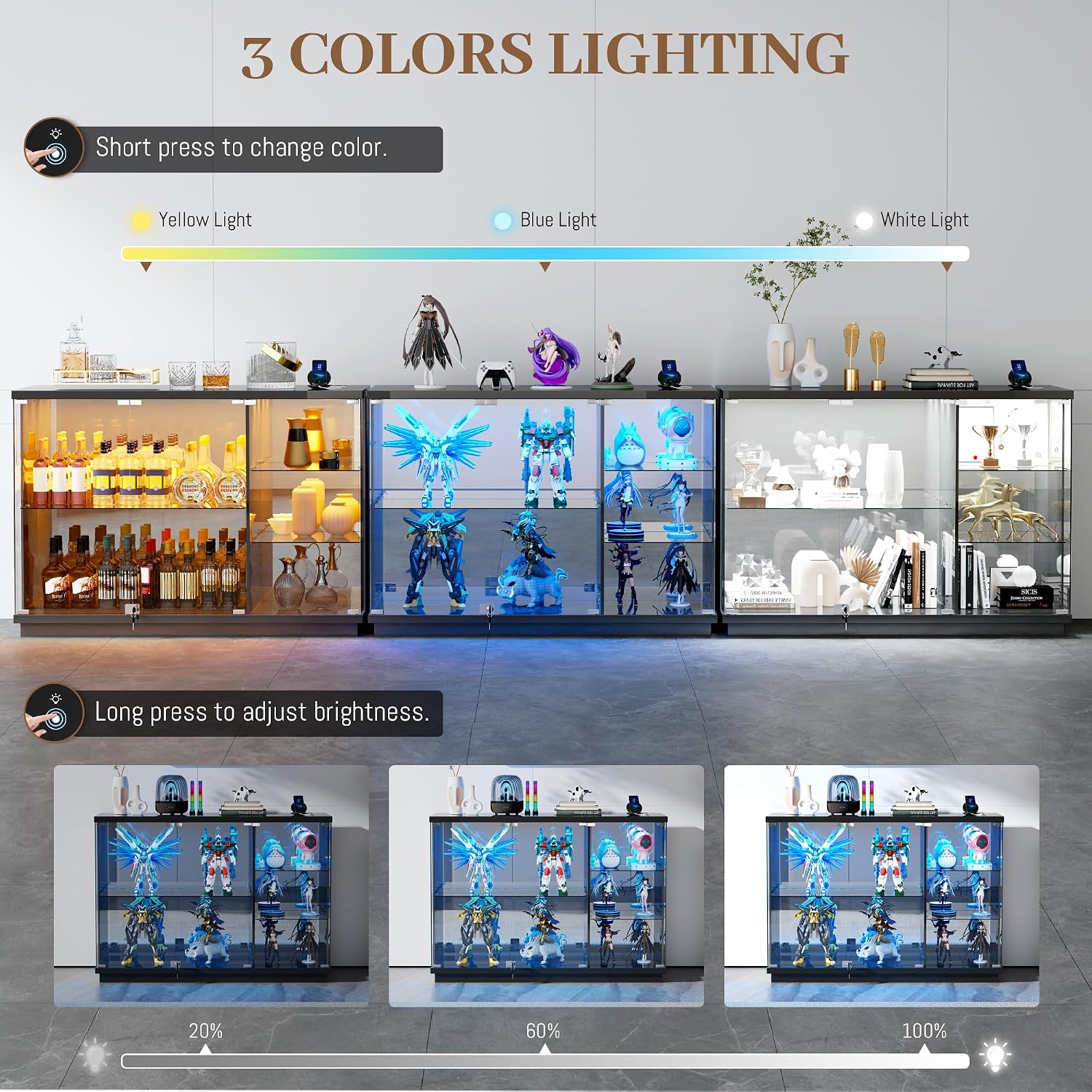 Gurexl 47.2" W Glass Display Cabinet with 3-Color LED Lights, 5-Tier Lockable Curio Cabinet with Human Body Sensor & Charging Station, Display Case for Collectibles, Living Room, Kitchen, Black