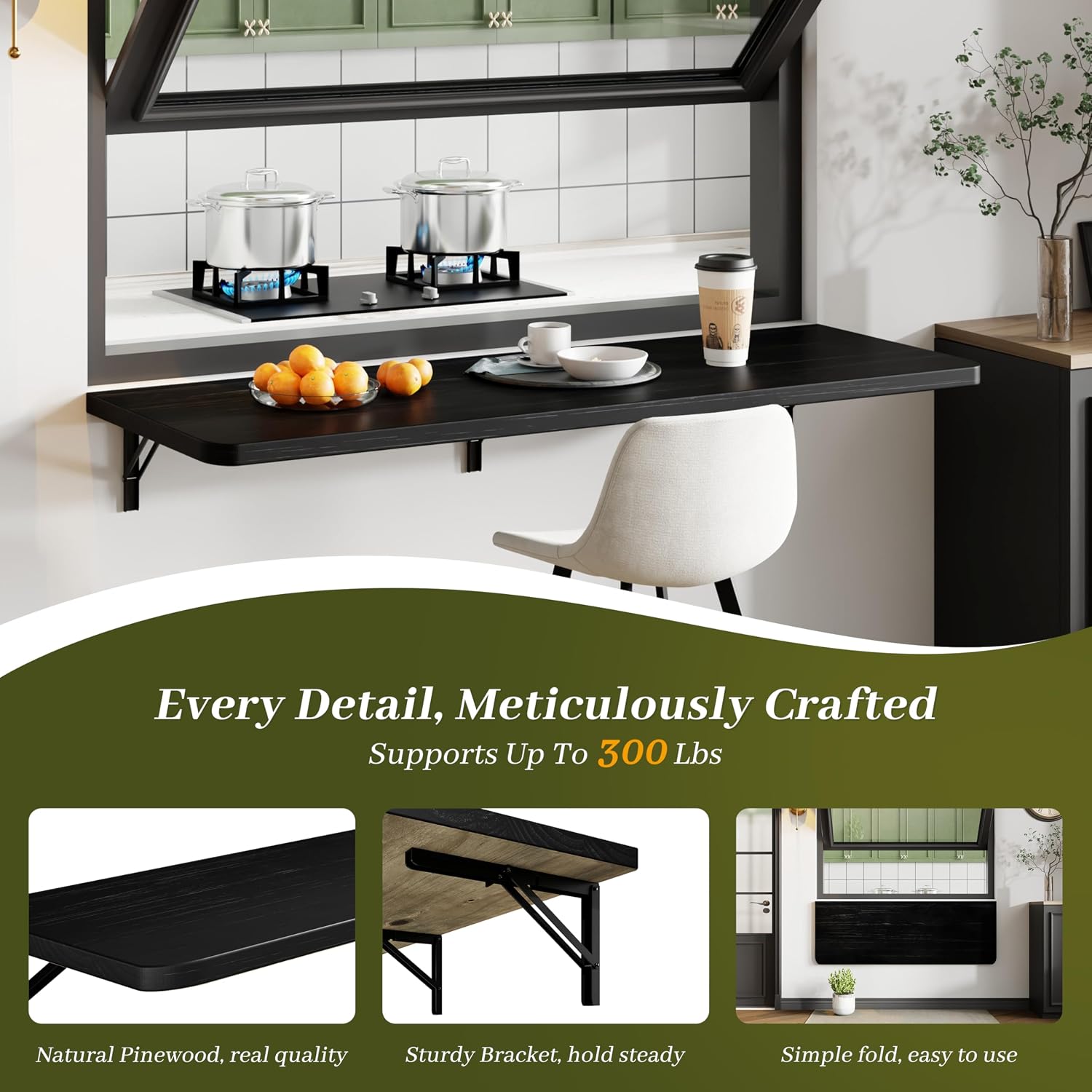 Dogsky Floating Wall Desk, 48" x 16" Wall Mounted Folding Table, Pine Wood Fold Down Wall Table, 300 lb Capacity Wall Mount Desk for Small Apartment, Laundry Room,Kitchen,Bar & Computer Use, Black