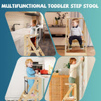 Foldable Toddler Tower, 3 Adjustable Height Toddler Standing Tower, Wooden Kids Kitchen Stool Helper with Safety Rails, Space Saving Kids Step Stool - Ages 18 Months to 6 Years
