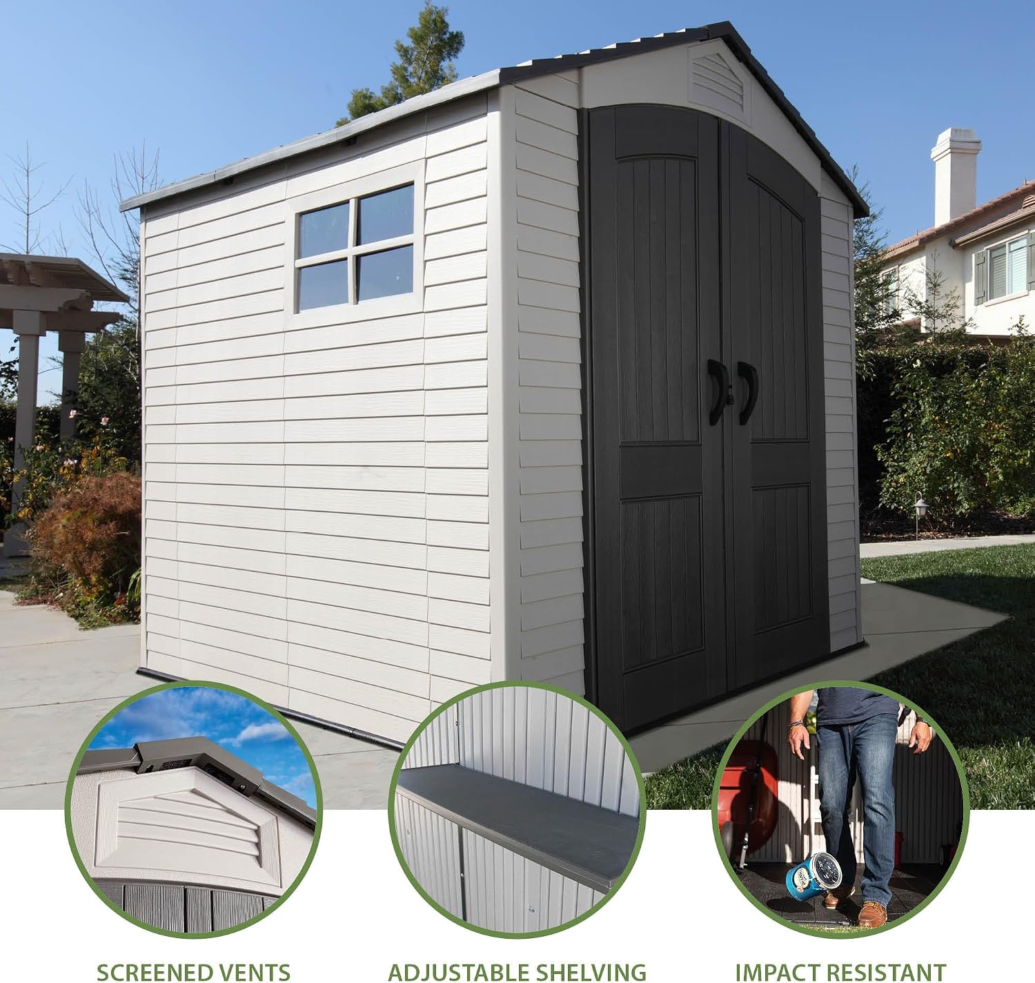 Lifetime 7' x 7' Outdoor Storage Shed with High-Density Polyethylene, Steel-Reinforced, Desert Sand