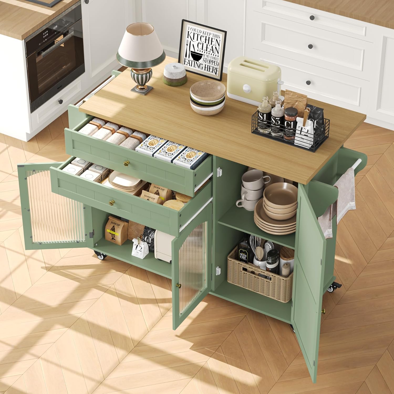 FINETONES Kitchen Island with Storage, Rolling Kitchen Island on Wheels with Wood Drop Leaf Countertop, Island Table Bar Cart with Spice Towel Rack Portable Kitchen Table Kitchen Carts on Wheels