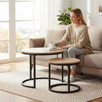 CENSI 24" Natural Oak Round Nesting Coffee Table Set of 2 | Accent Nesting End Table / Side Table, Space-Saving, Modern Industrial Style
