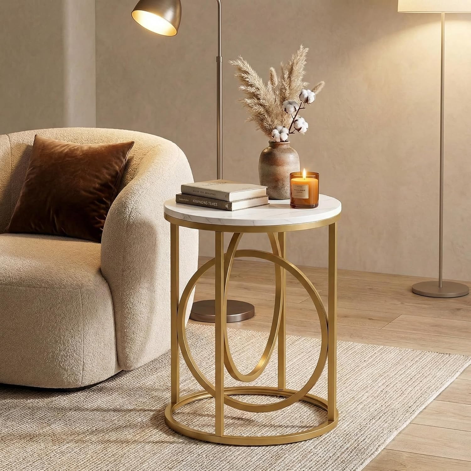 LITTLE TREE 20” Round End Table，Modern Sofa Side Table with Gold O-Shaped Base, Faux Marble White Cocktail Table Accent Table Nightstand for Living Room Bedroom, 2PCS
