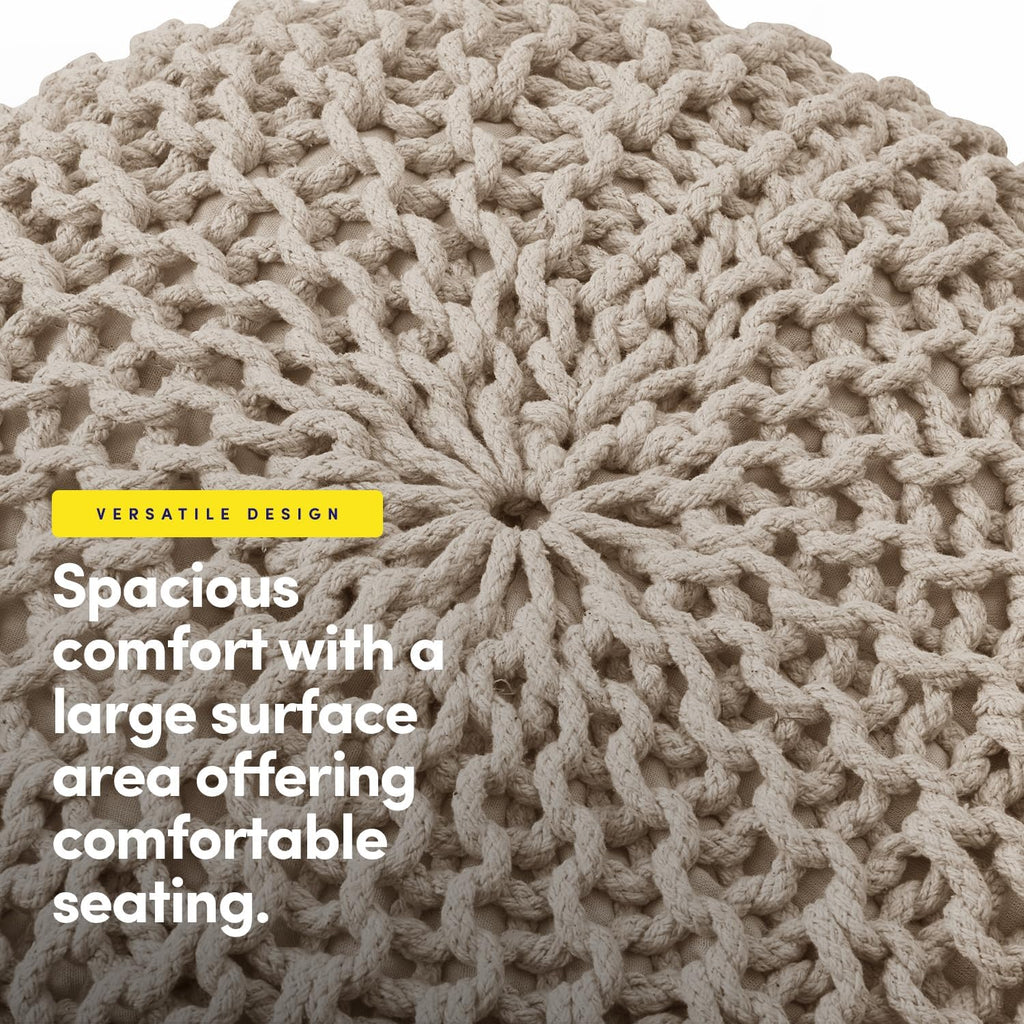 Pouf Ottoman Foot Rest Stuffed – 20” Diameter x 14” Tall Cozy Floor Pouf for Living Room, Bedroom, Nursery & More – 100% Cotton Knit Shell, EPS Bead Filled Footrest & Accent Chair, Beige