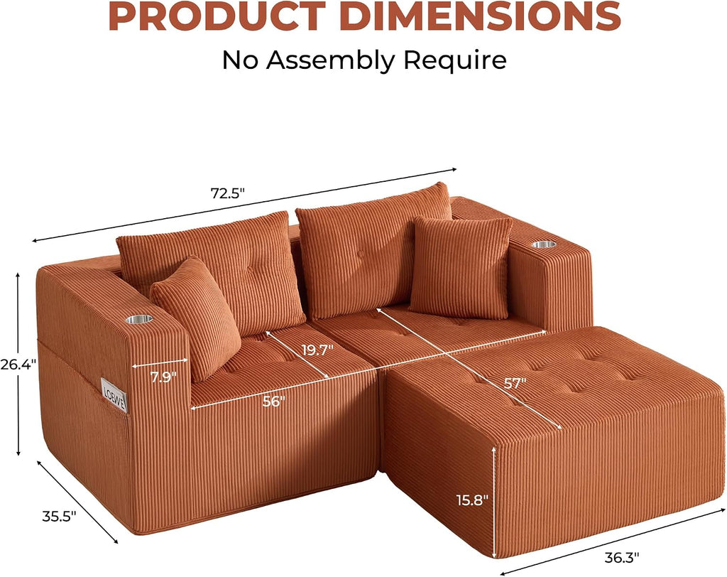73" Loveseat Modular Sectional Sofa, Oversized 2-Seater Boneless Tufted Cloud Couch with Cup Holder and Movable Ottoman, Corduroy Upholstery Small Couches for Living Room, No Assembly Orange