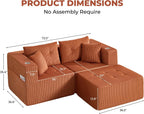 73" Loveseat Modular Sectional Sofa, Oversized 2-Seater Boneless Tufted Cloud Couch with Cup Holder and Movable Ottoman, Corduroy Upholstery Small Couches for Living Room, No Assembly Orange