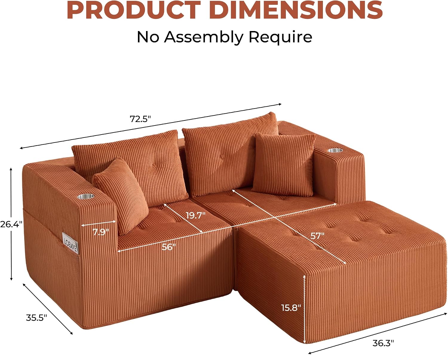 73" Loveseat Modular Sectional Sofa, Oversized 2-Seater Boneless Tufted Cloud Couch with Cup Holder and Movable Ottoman, Corduroy Upholstery Small Couches for Living Room, No Assembly Orange