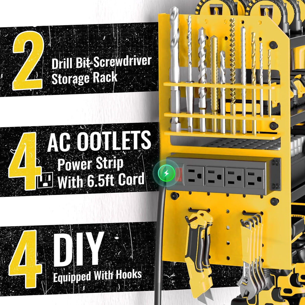 Power Tool Organizer Wall Mount with Charging Station,4 Layer Heavy Duty Metal Storage Rack with 8 Cordless Drill Holder,Battery Utility Rack Gift for Garage workshops Room(Yellow)