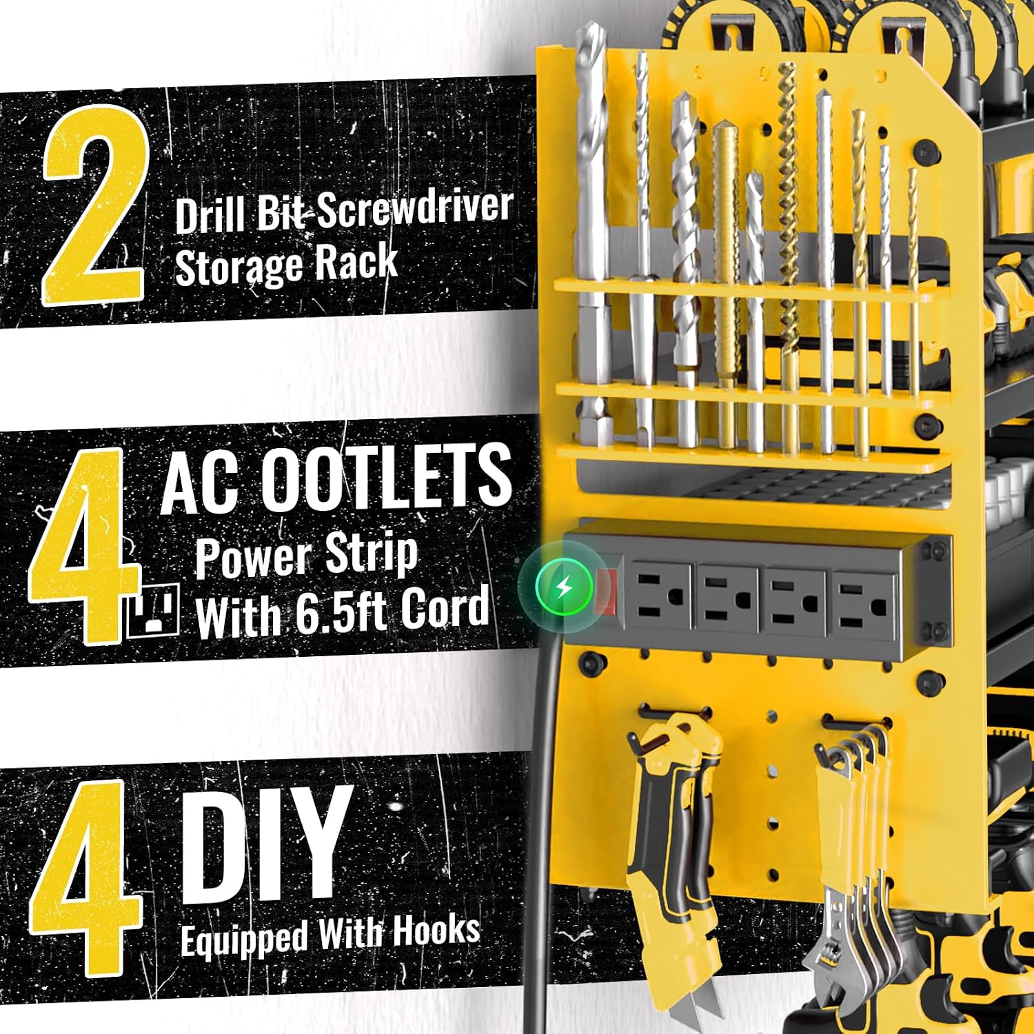 Power Tool Organizer Wall Mount with Charging Station,4 Layer Heavy Duty Metal Storage Rack with 8 Cordless Drill Holder,Battery Utility Rack Gift for Garage workshops Room(Yellow)