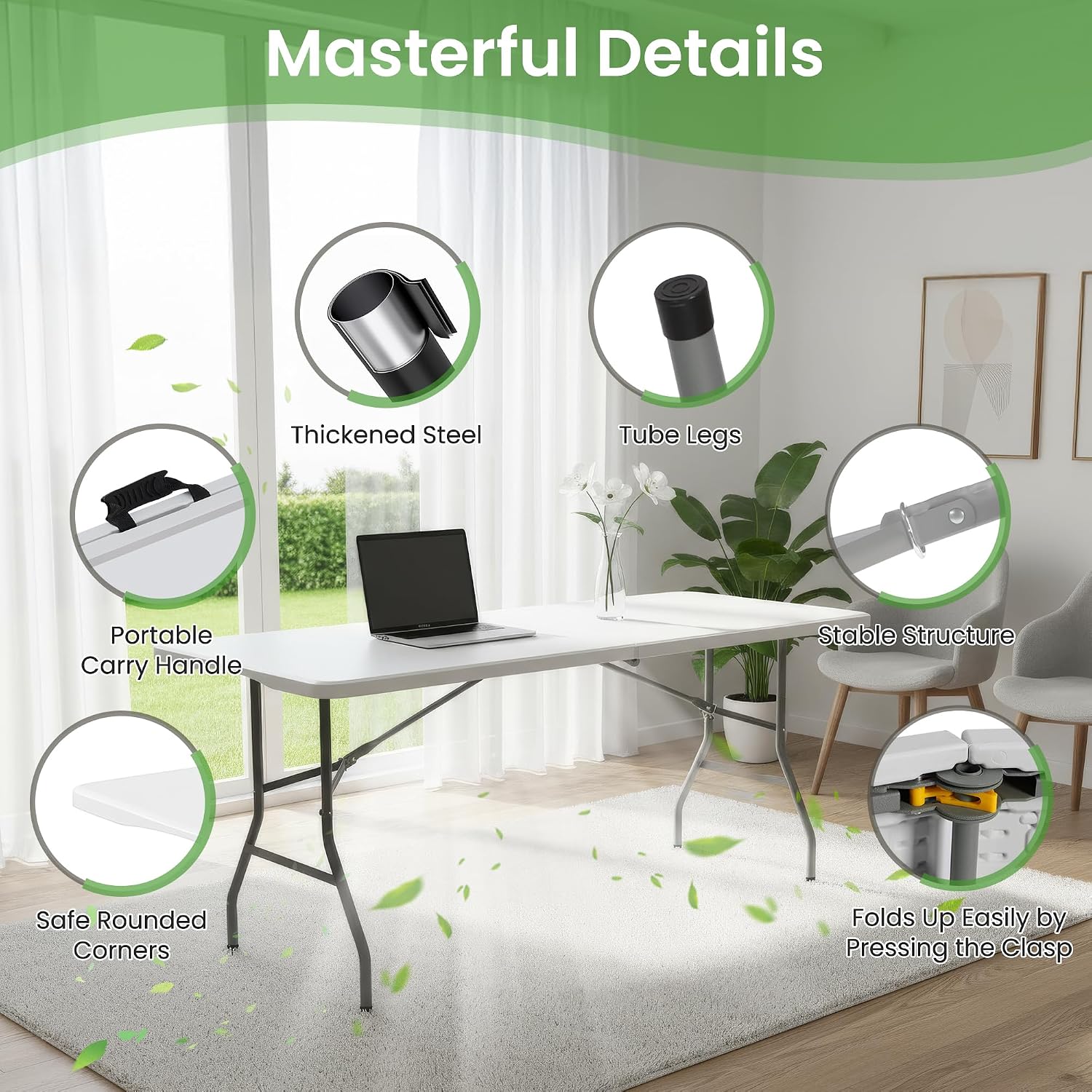 Folding Table 6FT Portable Heavy Duty Plastic Table with Carrying Handle Fold-in-Half Utility Foldable Tables for Parties Wedding Events Dining Indoor Outdoor Picnic (White)