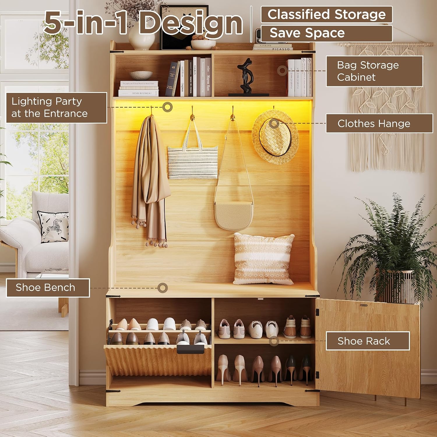 Maupvit 5-in-1 Entryway Hall Tree with Bench and Shoe Storage, Oak | Modern Coat Rack with Fluted Shoe Bench,LED Sensor Light, Adjustable Shelves & Flip Drawers,for Mudroom, Hallway, Living Room