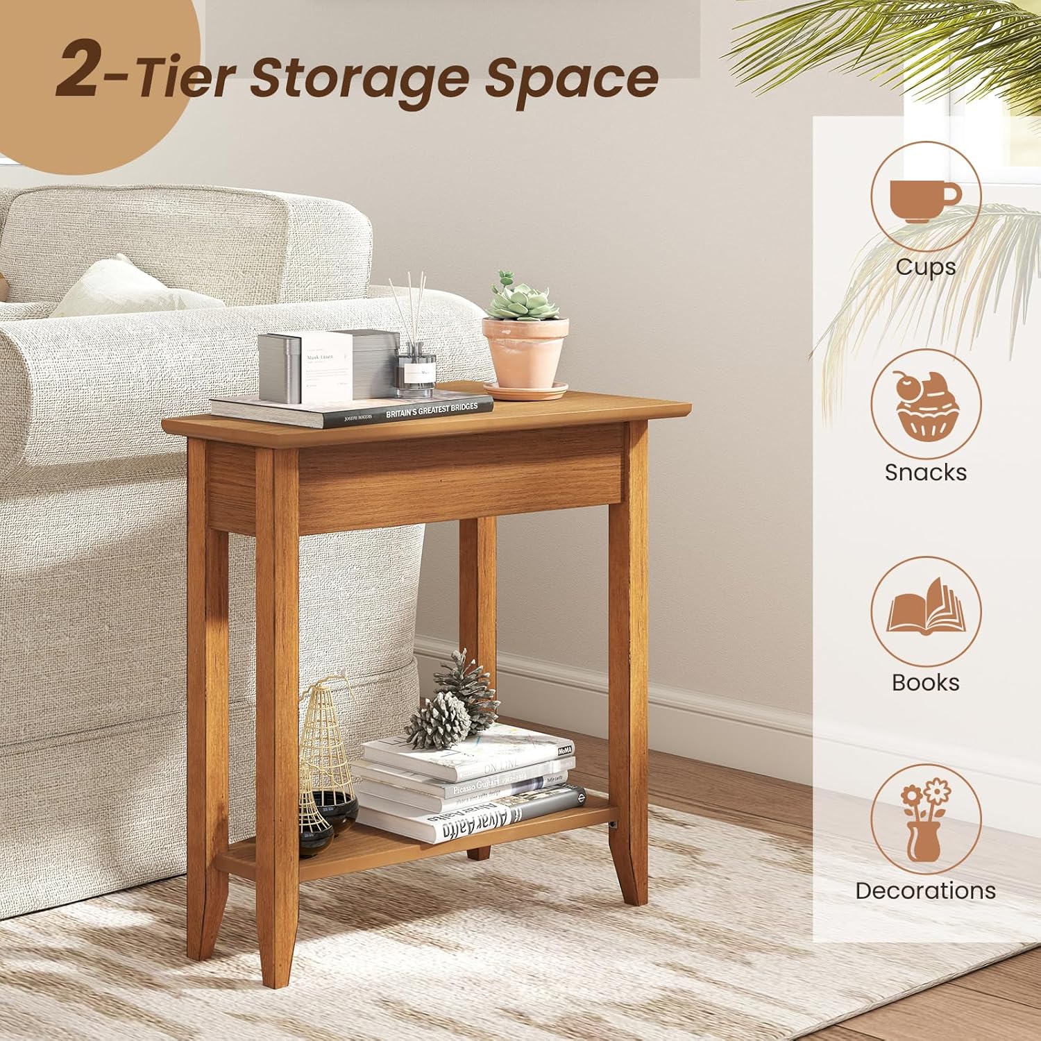 GOFLAME 2-Tier Wedge End Table Set of 2, Narrow Triangle Side Table with Storage Shelf, Solid Wood Legs, Nightstand, Recliner Wedge Table for Living Room, Bedroom, Small Space, Rustic Walnut