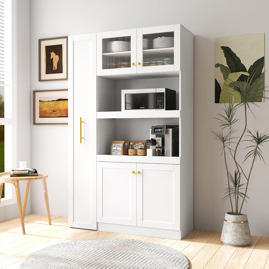 Kitchen Pantry Cabinet with Multi-Functional Pull-Out Multi-Tier Storage Shelf,Farmhouse Storage Cabinet with 4 Doors,Pantry Organizers for Kitchen,Dining Room, White