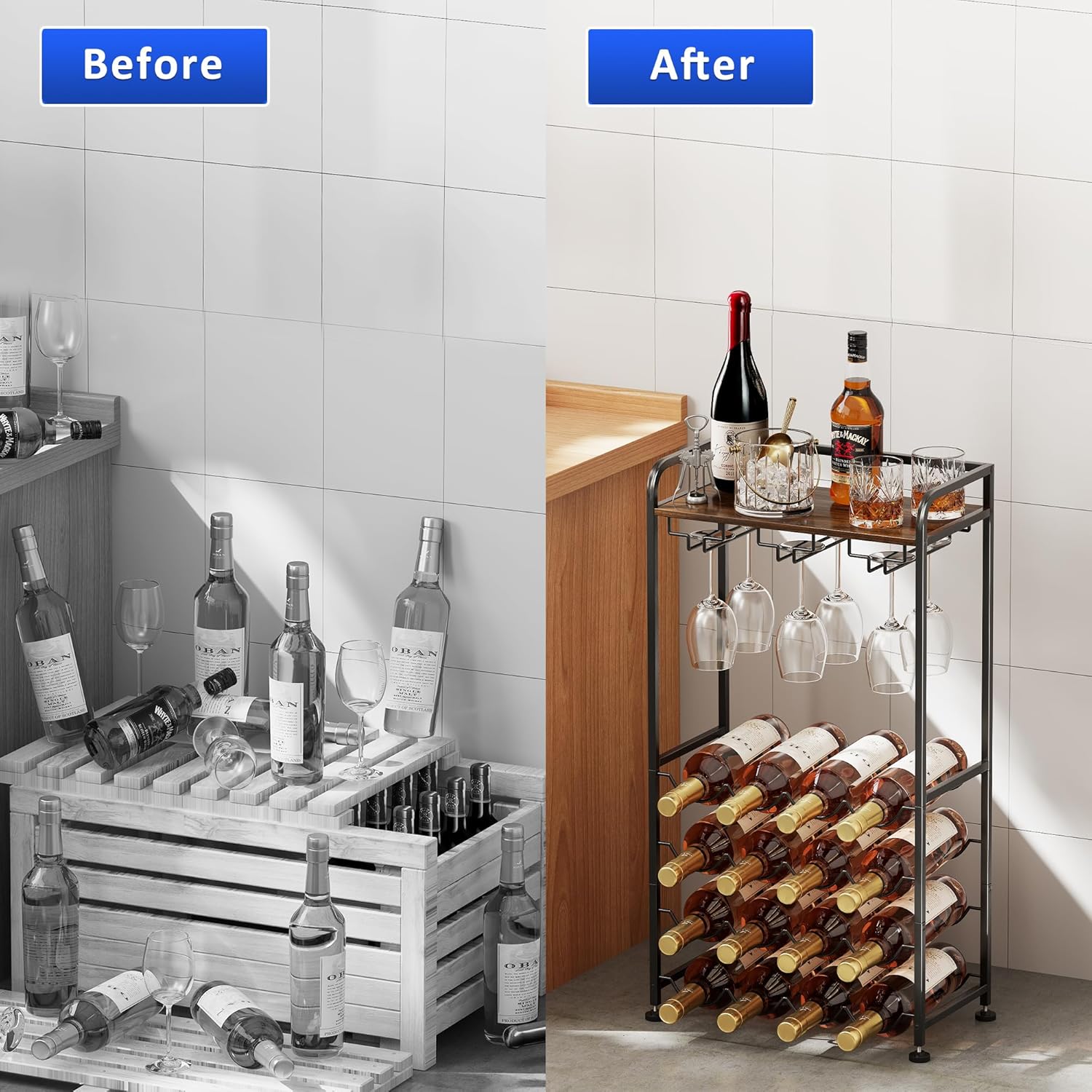 Freestanding Floor Wine Rack,16 Bottles Wine Shelf for Kitchen,Dining Room,Home,Office, Bar,Perfect Combination of Wood and Metal, Easy to Install