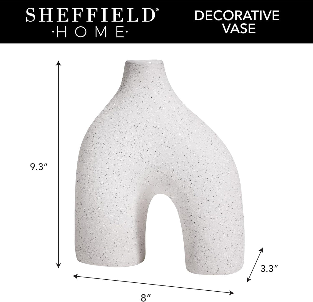Modern Round U-Shaped Vase - 8"x3.35"x9.3" Stoneware Sand Graze Hollow Flower Vases for Home Decor - Cute Vases for Centerpieces, Living Room, Office & Entryway Display (White)