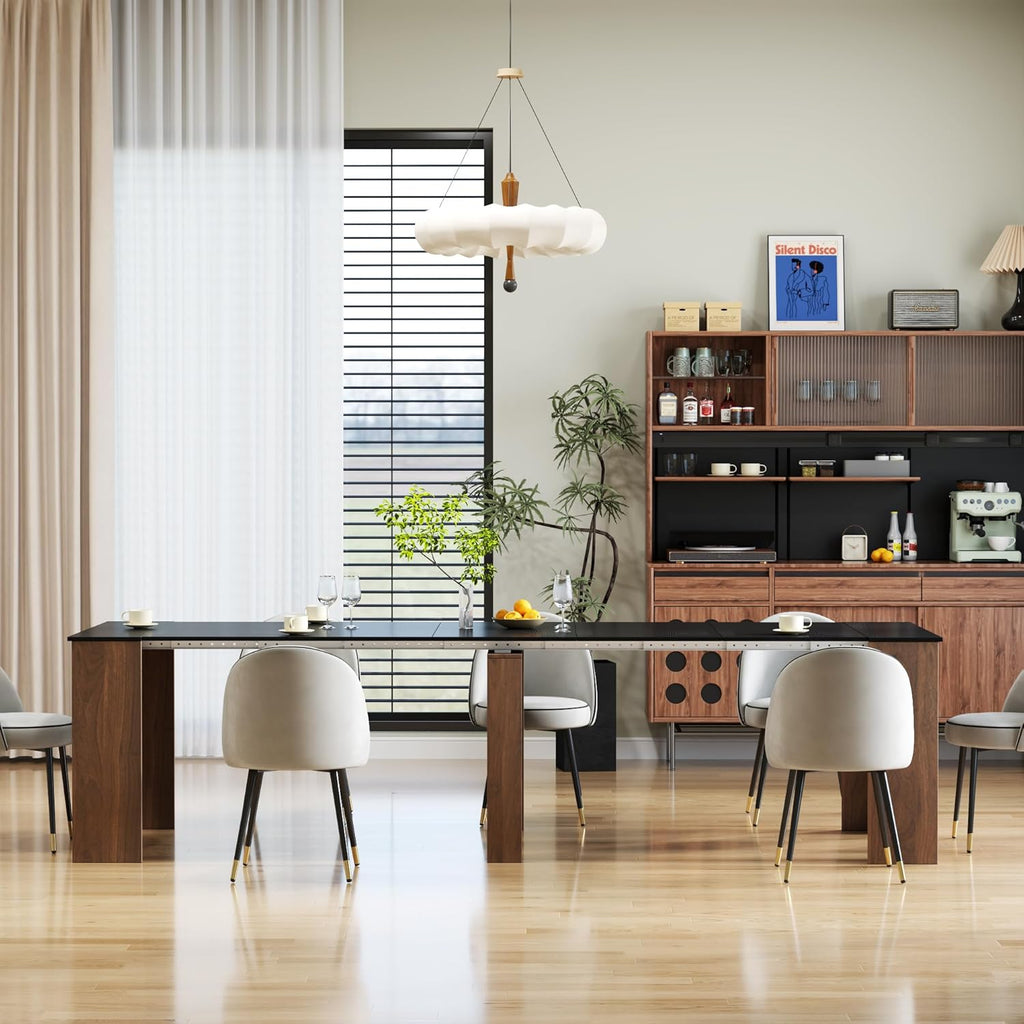 20"-118" Extendable Dining Table for 2-12 People, Modern Modular Extension Table, Space-Saving Extra Long Multifunctional Folding Dining Table, Walnut&Black