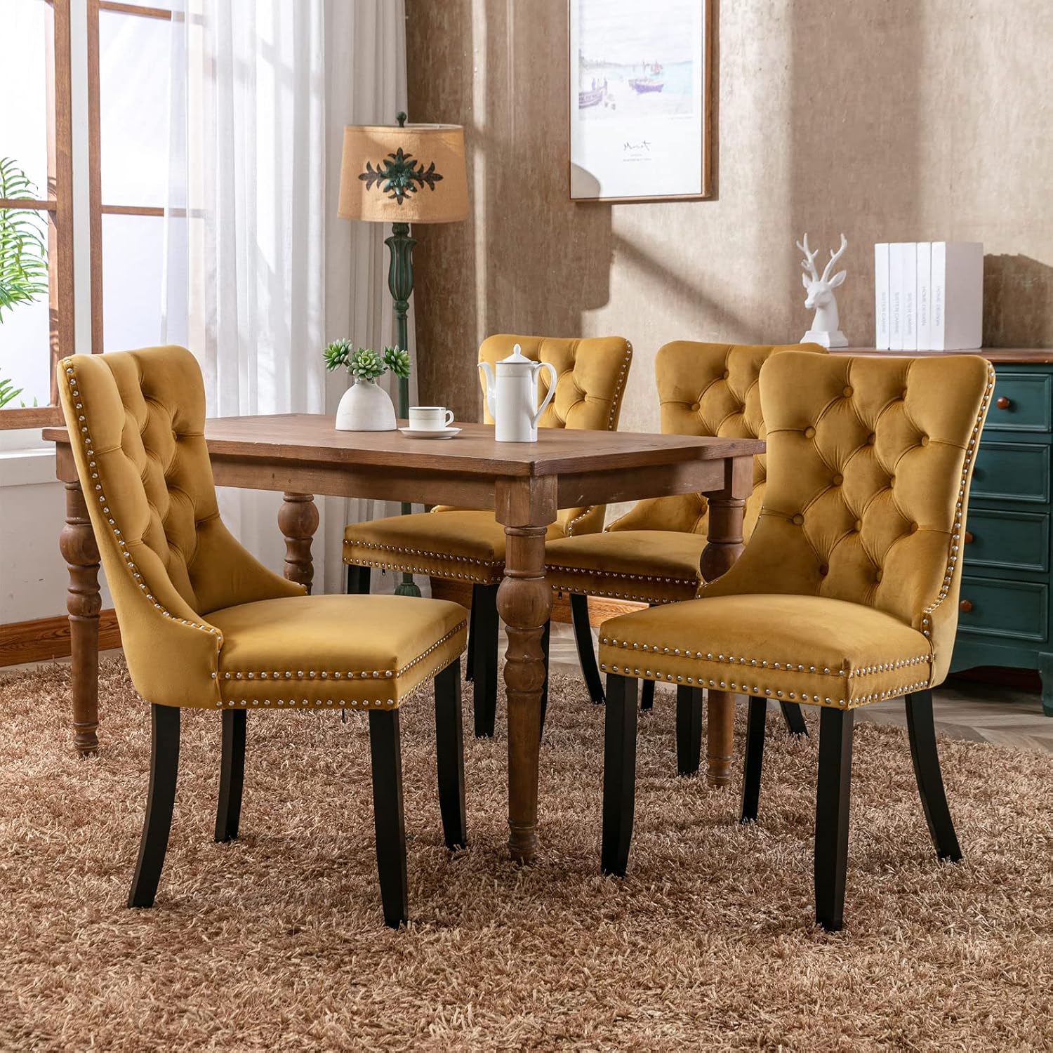 KEIKI Velvet Tufted Dining Room Chairs Set of 2, Kitchen Nailhead Trim Chairs with Solid Wood Legs and Padded Seat, Gold