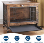 Rustic Brown Wooden Dog Crate End Table with Dual Doors & Lockable Wheels, Indoor Kennel for Small Medium Dogs 26.4" w×19.7" d×25.6" h