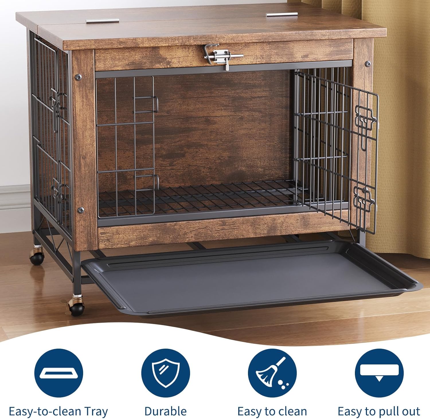 Rustic Brown Wooden Dog Crate End Table with Dual Doors & Lockable Wheels, Indoor Kennel for Small Medium Dogs 26.4" w×19.7" d×25.6" h