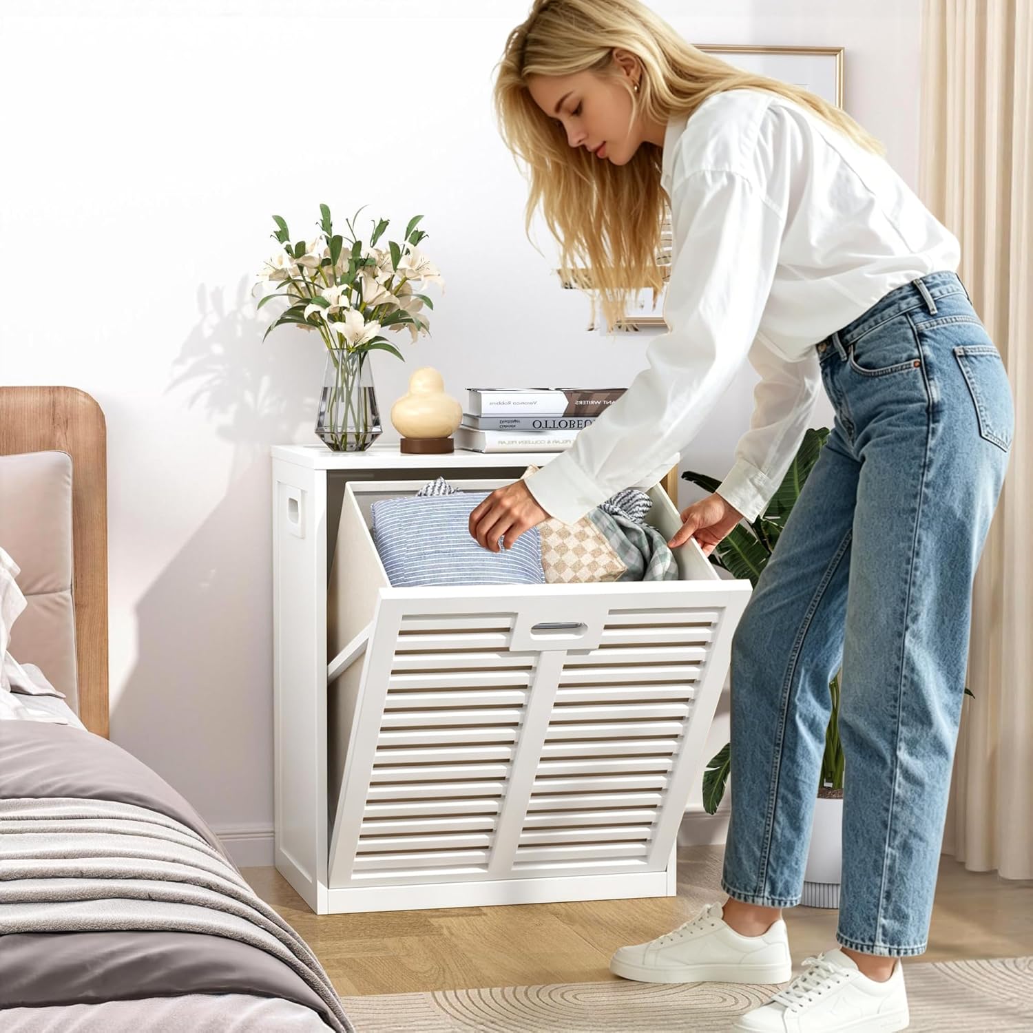 VASMIA Tilt Out Laundry Hamper, Bamboo Laundry Cabinet with Hidden Removable Basket,Dirty Clothes Storage Organizer for Bedroom, Bathroom, Living Room, White