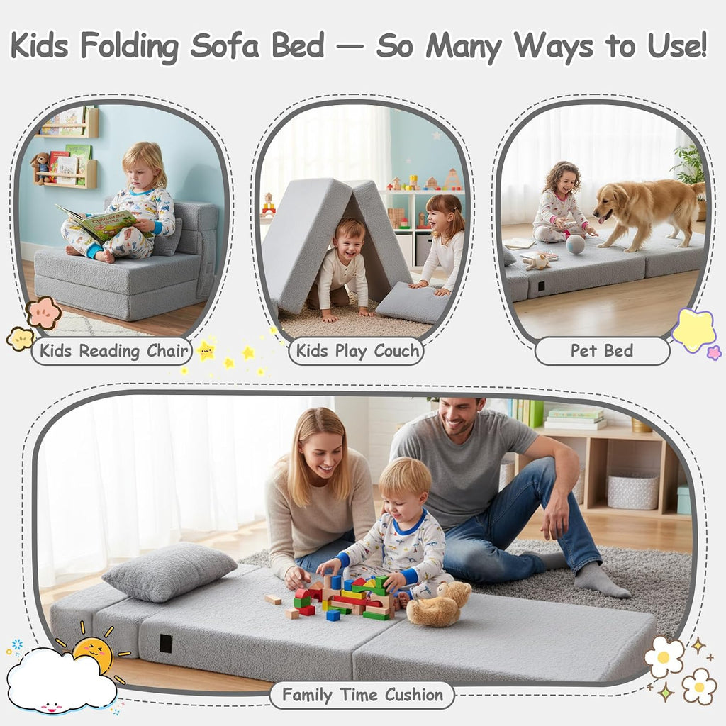 Tiita Kids Floor Mattress for Toddler, Child Fold Up Sofa Couch Convertible Futon Folding Chair with Storage Bag for Kids, Plush Grey