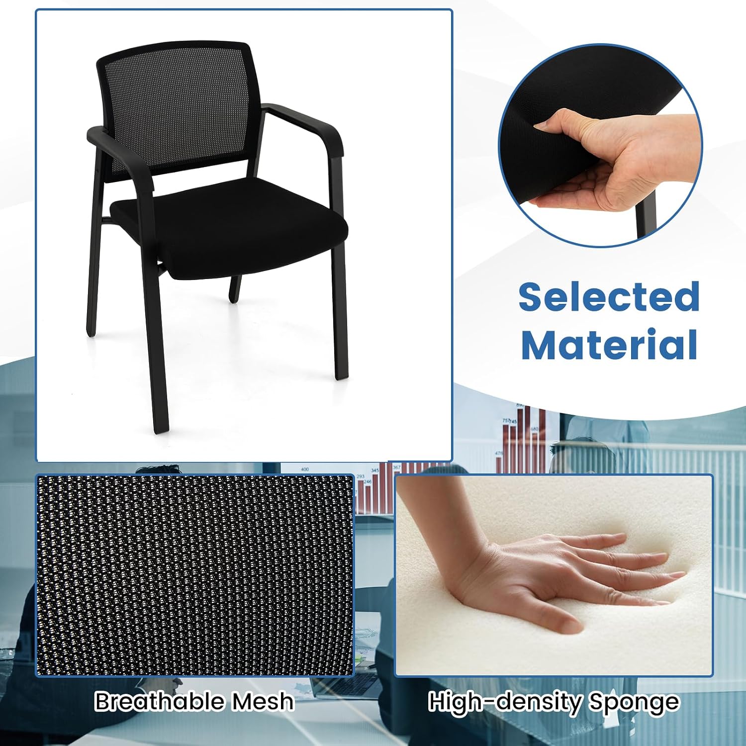 Tangkula Set of 4 Conference Room Chairs, Stackable Office Guest Chairs with Upholstered Seat, Mesh Backrest & Armrests, Waiting Room Chairs for Office, School, Lobby, Black