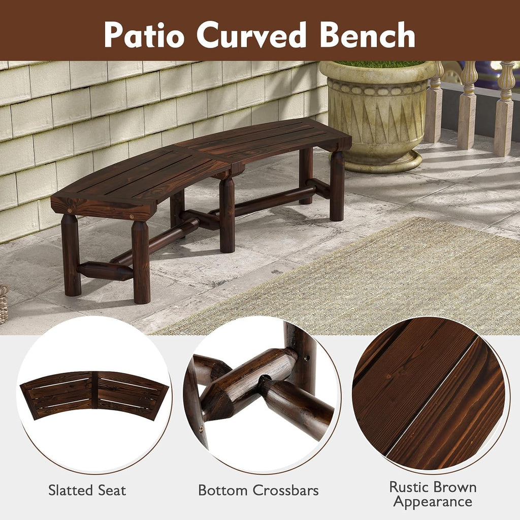 Moccha Outdoor Curved Bench, Carbonized Wood Fire Pit Bench with Slatted Seat, Loveseat, Rustic Wood Outside Chair, Patio Backless 2-Person Seating for Yard Deck Porch, 710 LBS Max Load (2)