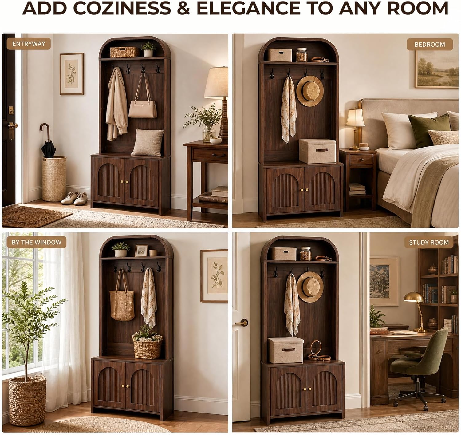 Narrow Entryway Hall Tree with Storage Bench, Modern Fluted Coat Rack and 2-Door Shoe Cabinet for Small Spaces, Arched Mudroom Organizer to Hide Clutter, Walnut