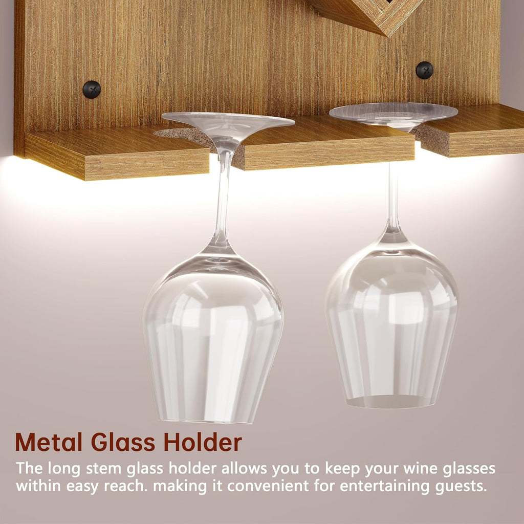 FAVOOSTY Wine Rack Wall Mounted for 6 Wine Bottles, Wall Racks for Wine Bottles Display and Storage with Glass Holder, Wood Wine Rack for Living Room, Dining Room, Wine Cellar, Bar (Light Brown)