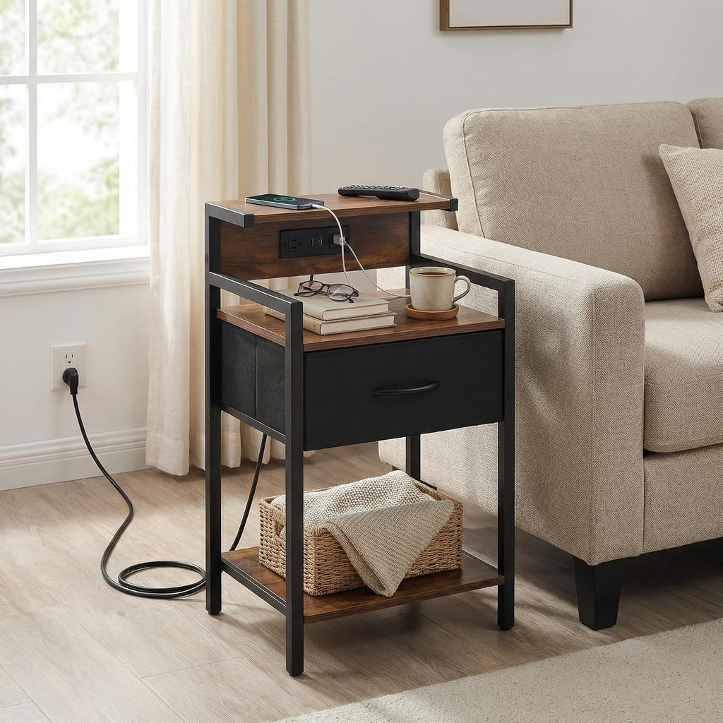 Industrial Nightstand with USB Charging Port, Narrow End Side Table with Fabric Drawer & Storage Shelf for Bedroom Living Room