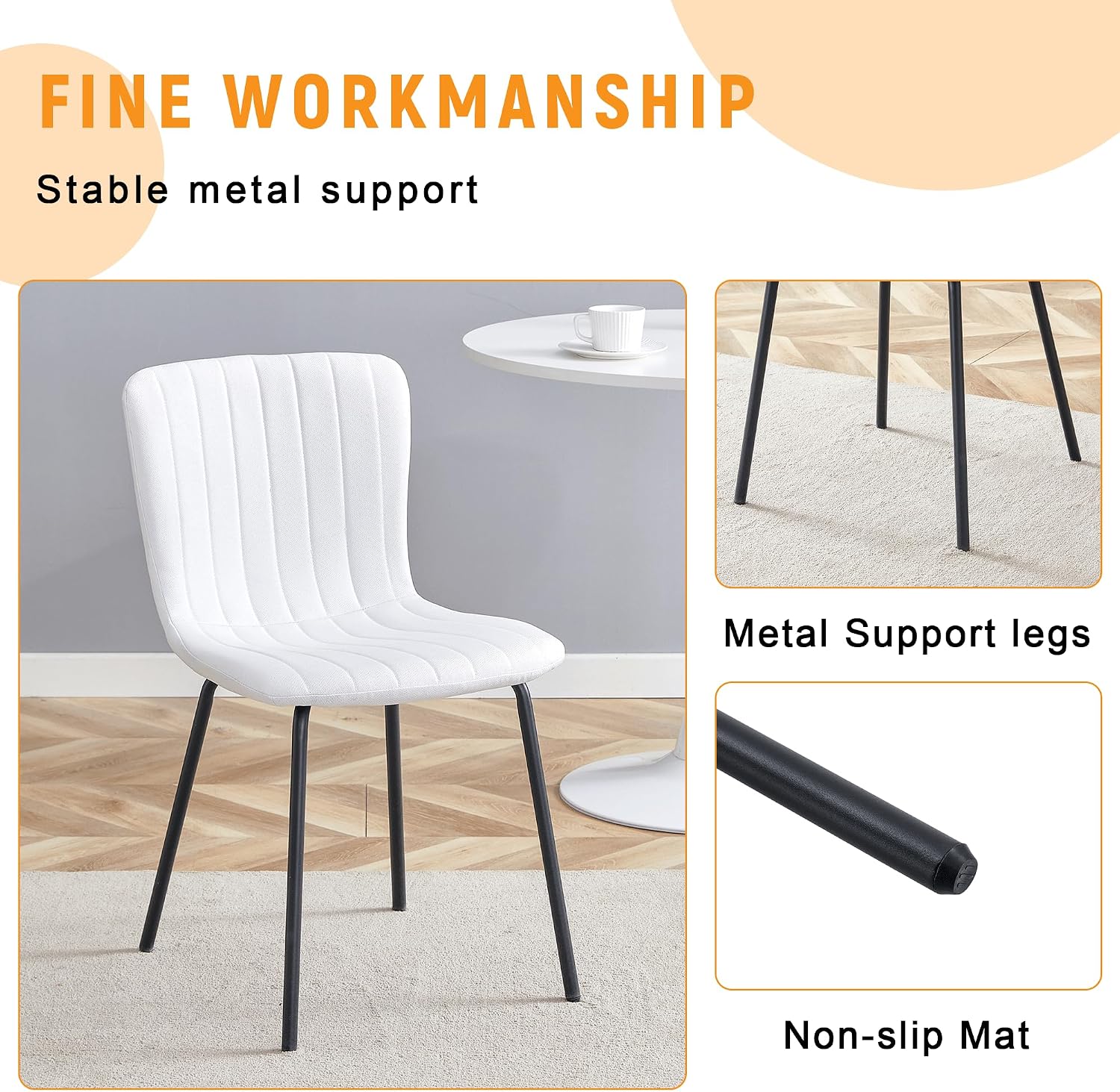 Dining Chairs Set of 4, White Linen Kitchen Chairs Heavy Duty Restaurant Chair Striped Modern Parson Chair with Metal Leg for Kitchen Restaurant Dining Room