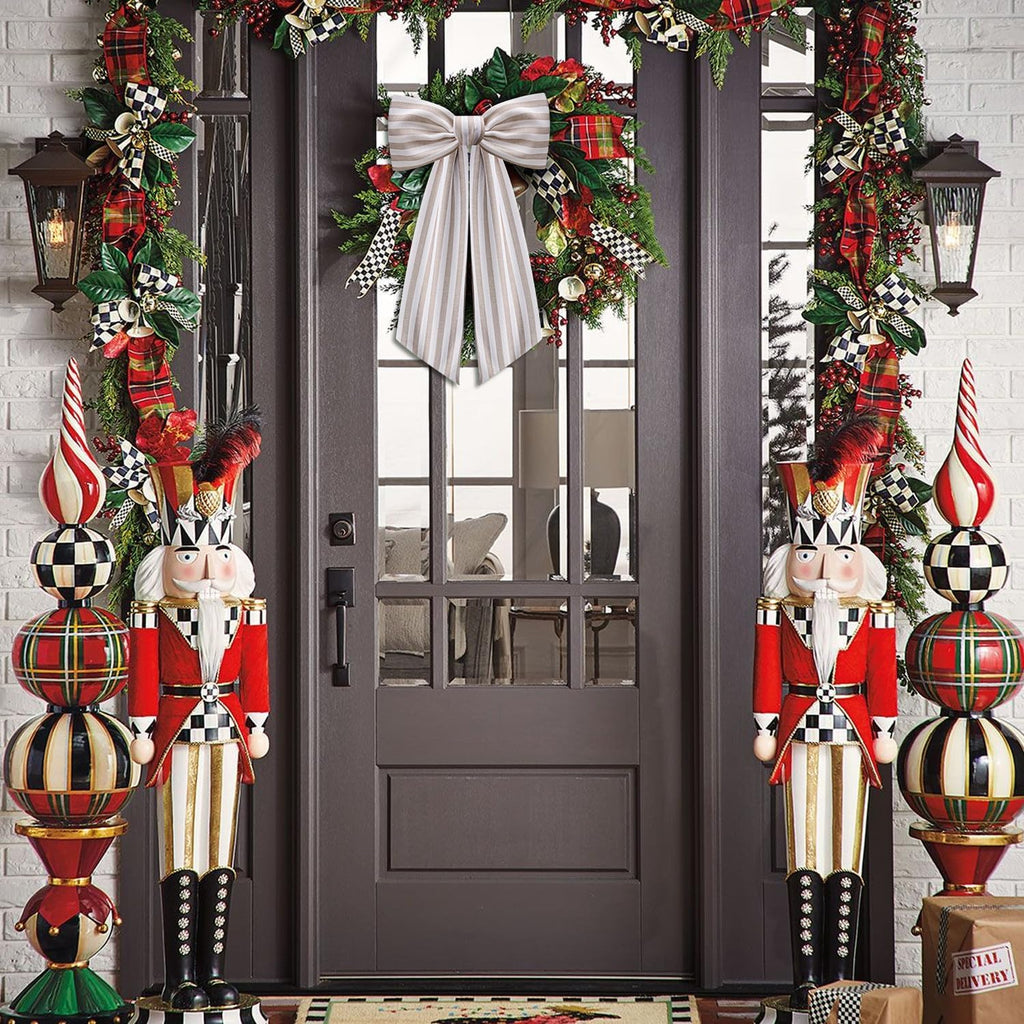 2 Pack Wreath Sash for Front Door Stripe Boxwood Sash Garland Porch Decor Wreath Accessories (Beige and White Stripe)