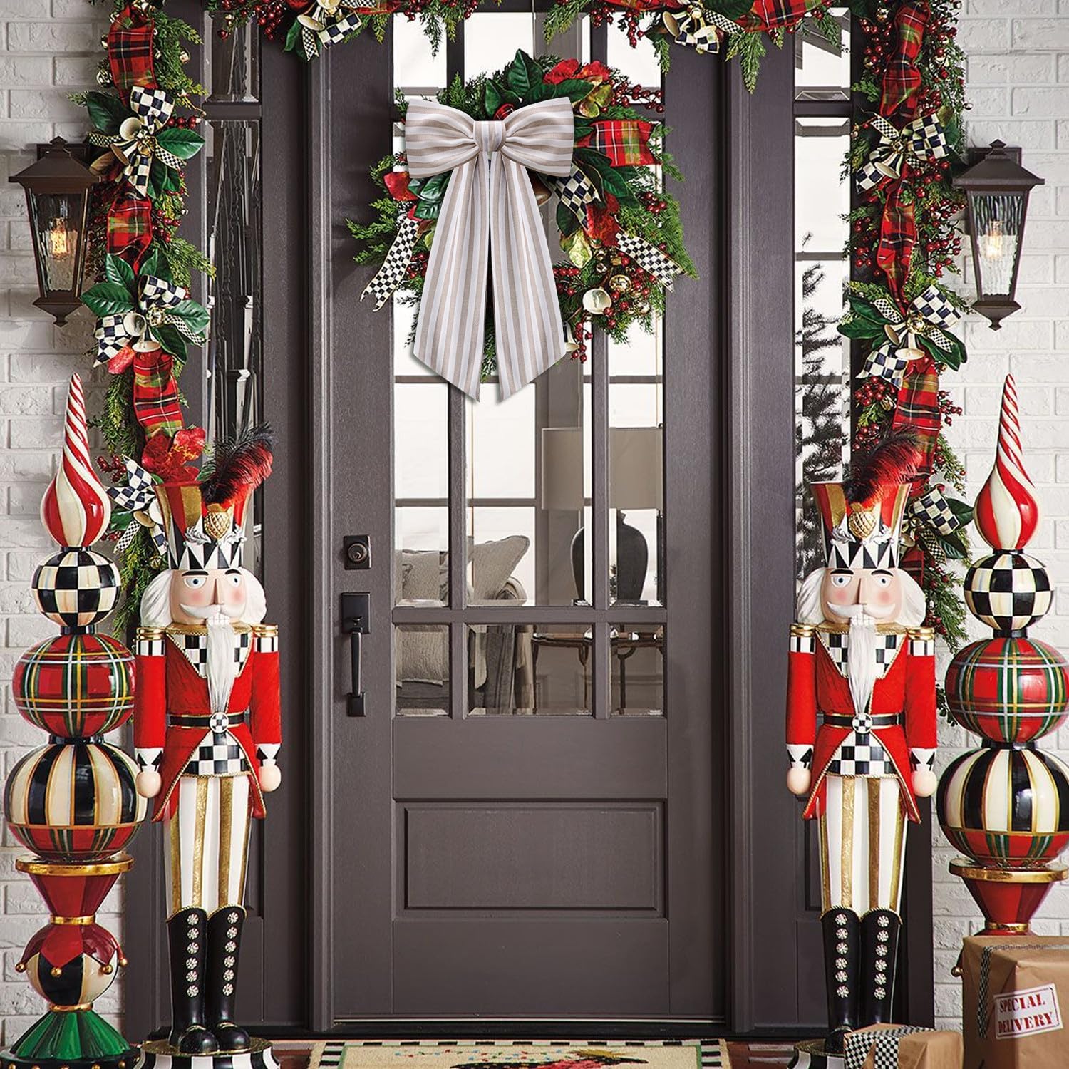 2 Pack Wreath Sash for Front Door Stripe Boxwood Sash Garland Porch Decor Wreath Accessories (Beige and White Stripe)