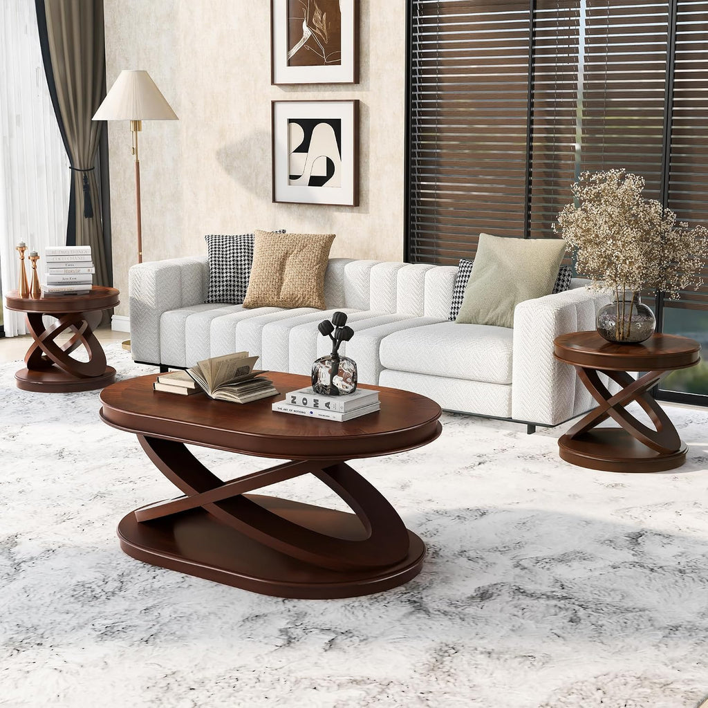 Retro Coffee Table Sets 3 s, Wood Living Room Table Set Include 44" Oval Coffee Table, Round End Table Set of 2, Walnut