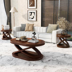 Retro Coffee Table Sets 3 s, Wood Living Room Table Set Include 44" Oval Coffee Table, Round End Table Set of 2, Walnut